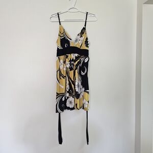 Blush Y2K Mustard Yellow Black Floral Mini Dress Tie Back Size Medium